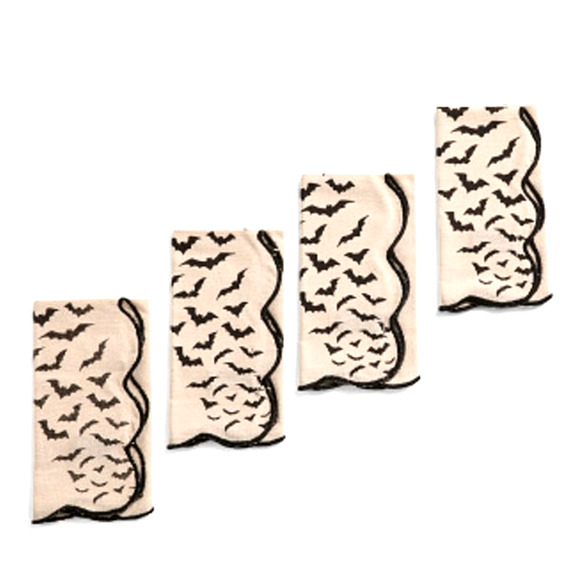 Cynthia Rowley BAT Dinner Napkins 4pc 18x18 Scalloped Edge Beige & Black New - Picture 2 of 6